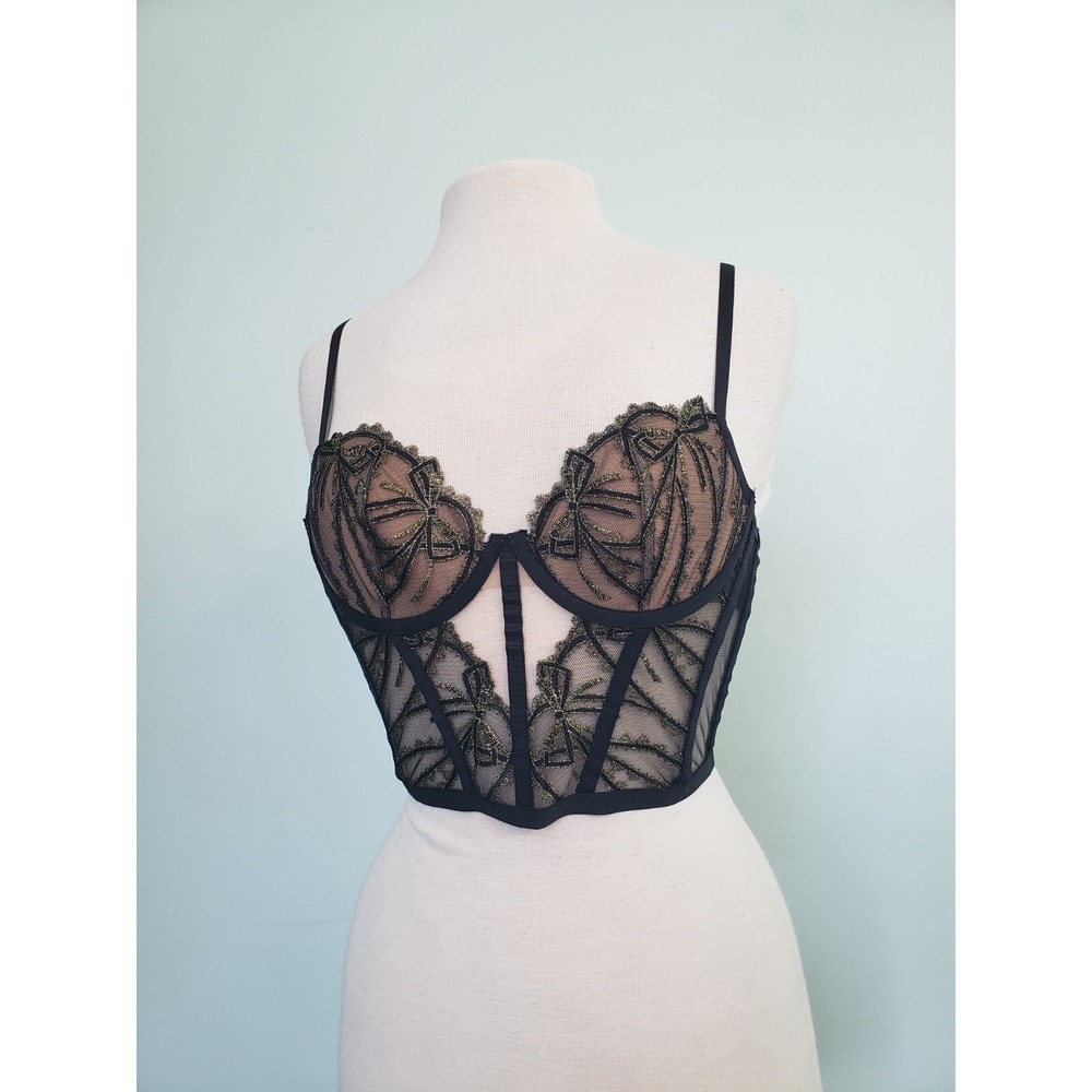 Victoria's Secret 34B Whimsigoth Pink Black Lace Corset Bustier Bow Coquette NWT